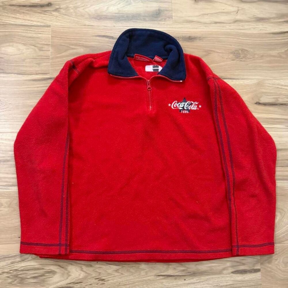 Vintage 00s Coca-Cola red fleece quarter zip sweatshirt navy blue collar small